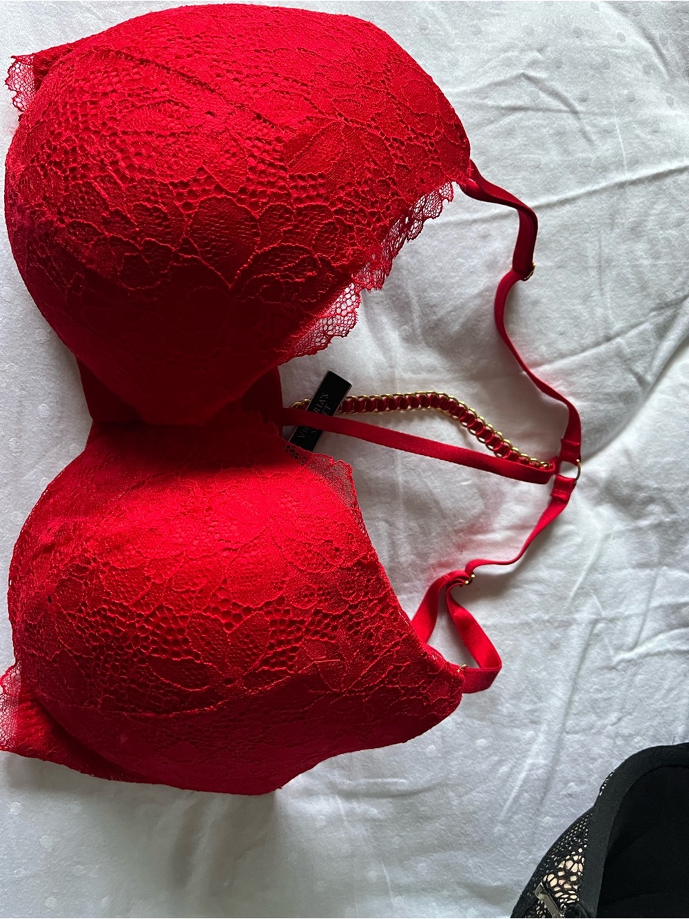 Victoria's Secret Red Lace Push-Up Bra with Gold Chain Accent